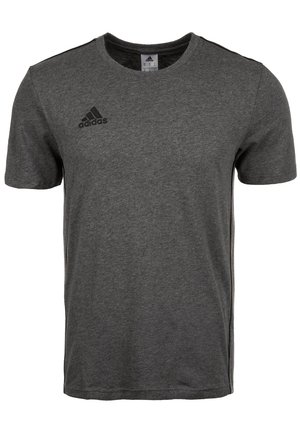 Mørkegrå Adidas t-shirt med korte ærmer, rund hals og sort Adidas-logo på venstre bryst.