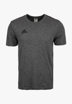 T-shirt Adidas gris foncé à manches courtes avec col rond et logo Adidas noir sur la poitrine gauche.