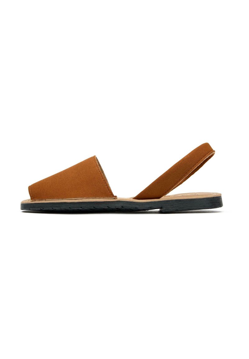 Brown suede slingback sandals with a wide front strap and black rubber sole. Smooth texture, minimal design, comfortable fit.