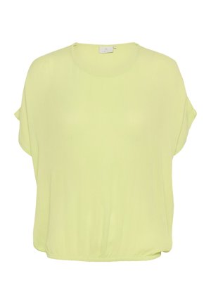 Haut vert lime à manches courtes en tissu doux et léger, avec une coupe décontractée et un ourlet arrondi. Présente un col rond et une texture subtile.