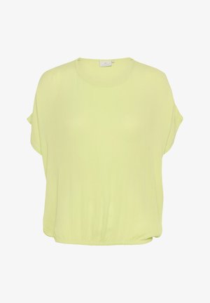 Haut vert lime à manches courtes en tissu doux et léger, avec une coupe décontractée et un ourlet arrondi. Présente un col rond et une texture subtile.