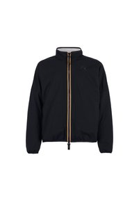 Czarna kurtka z wysokim kołnierzem, z pomarańczowym zamkiem błyskawicznym i dwoma przednimi kieszeniami. Tkanina wygląda na gładką, z logo na górnej lewej stronie.