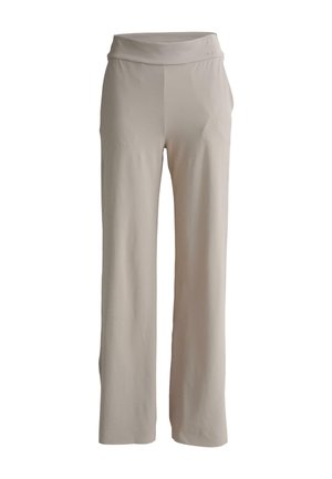 Beige wide-leg pants made of soft fabric, featuring a high, folded waistband and smooth texture, with a straight cut and no visible embellishments.