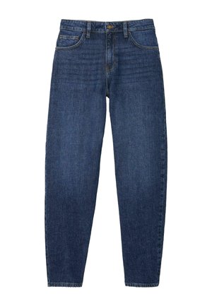 Dunkelblaue Denim-Jeans mit geradem Bein, ausgestattet mit fünf Taschen, einem Knopfverschluss und dezenten Abnutzungsspuren an der Vorderseite.