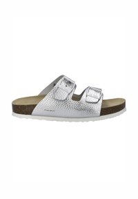 Silver synthetic slide sandal with two adjustable straps, textured upper, cork footbed, and white sole.