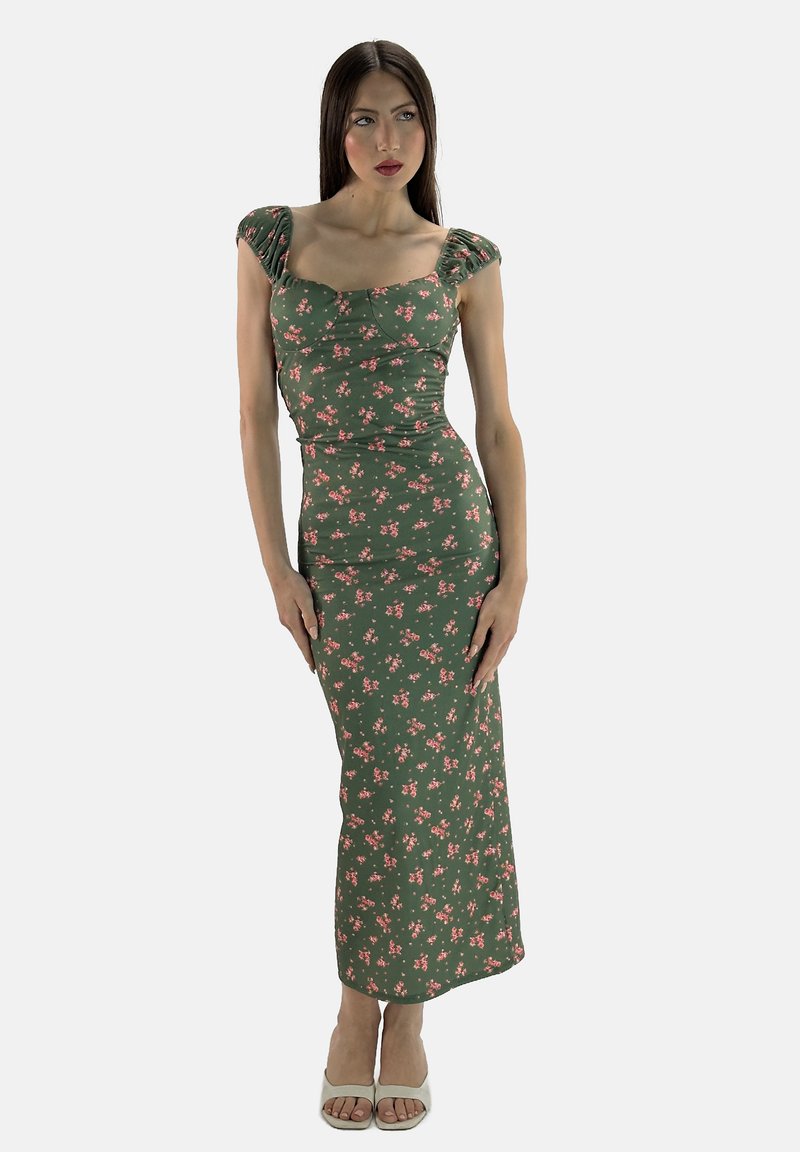 Zielona sukienka midi w kwiatowy wzór, z bufkami, dopasowanym gorsetem i prostą spódnicą. Gładki materiał z różowymi kwiatami na całej powierzchni.