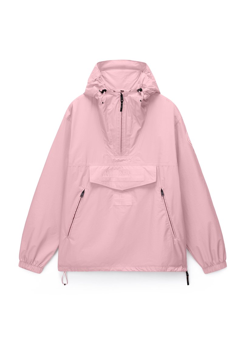 Ροζ ανοιχτόχρωμο πουλόβερ με εμπρόσθια θήκη, πλαϊνές τσέπες με φερμουάρ, ρυθμιζόμενη κουκούλα και ελαστικές μανσέτες. Κατασκευασμένο από ελαφρύ, λείο ύφασμα.