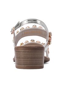 Sandal in metallo argento con una fascia trasparente e piccoli chiodini decorativi rosa e oro, dotata di un tacco basso impilato marrone e suola testurizzata.