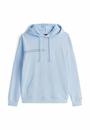 Helle blaue Kapuzenjacke aus Baumwolle. Verfügt über eine vordere Kängurutasche, eine Kapuze mit Kordelzug und ein minimalistisches Design mit horizontalen Streifen und Logo.