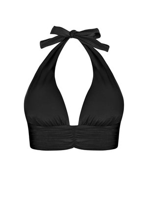 Czarny bikini top na halter z głębokim dekoltem w kształcie litery V, teksturowana tkanina i zapięcie na kokardkę przy szyi. Detale w formie marszczenia na taśmie.