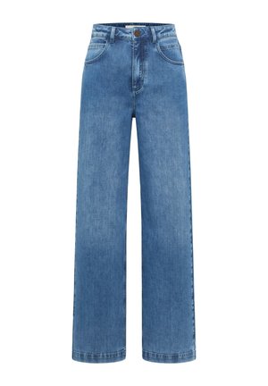 Hoch taillierte blaue Jeans mit weitem Bein, mit Knopfverschluss vorne und Taschen, vor einem weißen Hintergrund gezeigt.