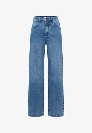 High-waisted blue denim jeans with wide legs, front button, and pockets, shown against a white background.