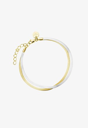 Zweifarbiges Armband mit einem Design aus Silber- und Goldkette, ausgestattet mit einem Karabinerverschluss und einer Verlängerungskette für eine verstellbare Länge.