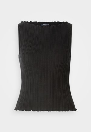 Μαύρο αμάνικο τοπ με ριμπ υφή, λαιμόκοψη με κυματιστό τελείωμα και εφαρμοστή σχεδίαση. Κατασκευασμένο από ελαστικό ύφασμα για άνεση.