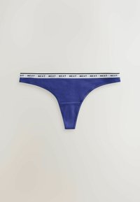 String de lingerie bleu avec une ceinture élastique blanche affichant le texte répété "NEXT" en lettres noires.
