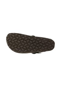 Semelle d'une sandale marron avec un motif ondulé texturé pour l'adhérence, vue par le dessous sur un fond blanc.