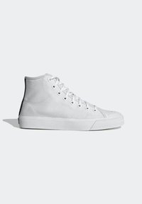 High-top sneakers in white canvas with a textured finish, round toe, flat rubber sole, and metal eyelets for laces.