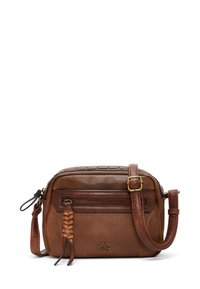 Sac bandoulière en cuir marron avec un dessus zippé, une poche avant, un détail tressé sur le côté et des accents en métal doré.