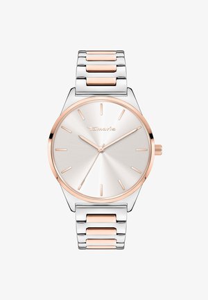 Silberfarbene Uhr mit einem roségoldenen Gehäuse und Armbändern. Verfügt über ein minimalistisches silbernes Zifferblatt mit verlängerten Stundenmarkierungen und schlanken Zeigern.