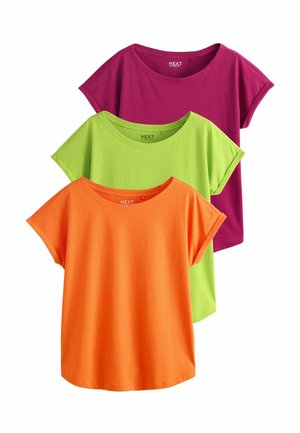 Three solid-color short-sleeve t-shirts in purple, lime green, and orange, layered overlapping and displayed flat.