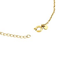 Collana in oro con anelli rotondi, chiusura a gancio e un piccolo tag circolare. Texture liscia con una finitura lucida.