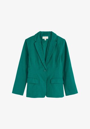 Teal blazer van gestructureerde stof, met een notch-lapel, enkele knoopsluiting en twee voorzakken.