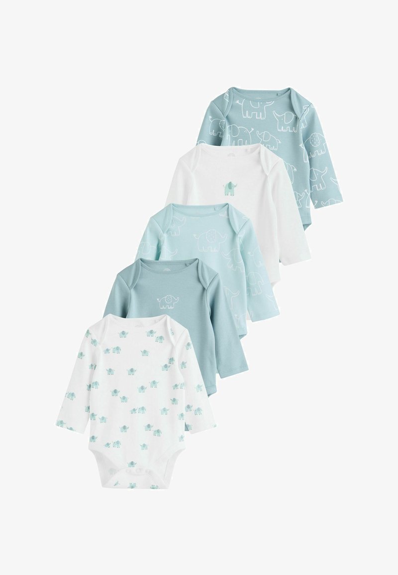 Cinq bodies bébé à manches longues en blanc et bleu clair avec divers imprimés d’éléphants de différentes tailles et positions.