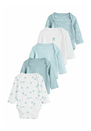 Fünf langärmelige Babybodysuits aus weicher Baumwolle in hellblauen und weißen Farben mit Elefantenmustern und einfarbigen Akzenten.