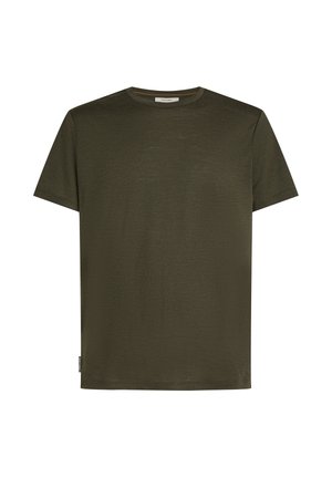 Prosty ciemnooliwkowy t-shirt z krótkim rękawem, z okrągłym dekoltem i małą metką marki przy dolnym brzegu.