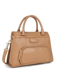 Sac à main en cuir tan avec une finition texturée, double poignée supérieure, quincaillerie dorée et poche zippée à l'avant. Bandoulière réglable incluse.