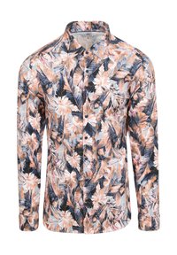Langsleeve button-up shirt van stof met een tropisch bloemenpatroon in tinten perzik, blauw en zwart op een lichte achtergrond.