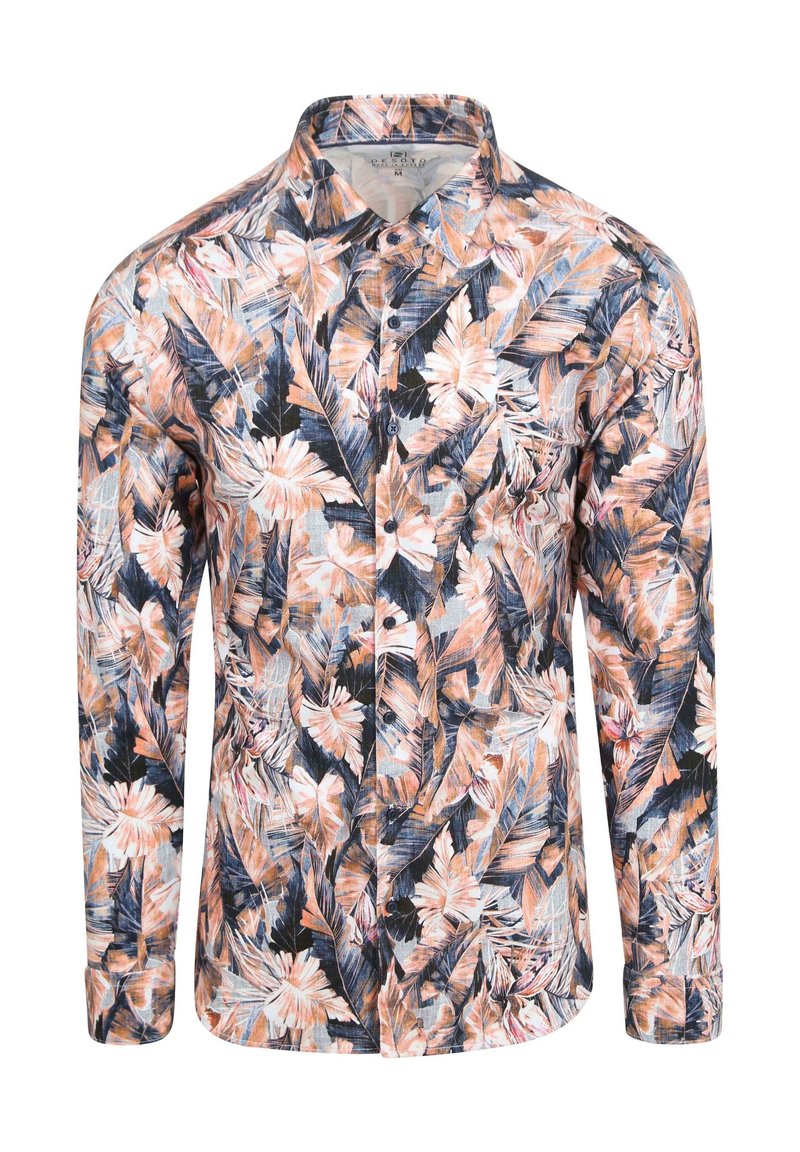 Langsleeve button-up shirt van stof met een tropisch bloemenpatroon in tinten perzik, blauw en zwart op een lichte achtergrond.