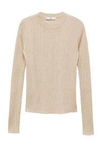 Maglietta beige a maniche lunghe in tessuto a costine realizzata in morbido materiale. Caratterizzata da un collo rotondo e una silhouette aderente. La texture appare liscia.