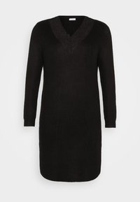 Černé pletené šaty s dlouhými rukávy, výstřihem do V s krajkovou lemovkou, délkou po půlky stehen a žebrovanými manžetami. Hladká textura s volným střihem.