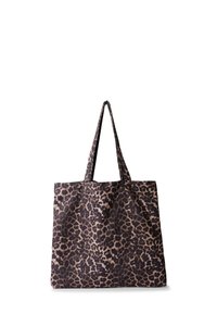 Borsa a tracolla con stampa leopardata in marrone scuro e beige, dotata di due manici lunghi e di una forma rettangolare ampia. Realizzata in tessuto.