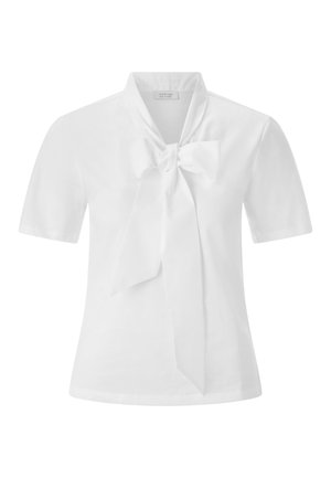 Blusa bianca a maniche corte con dettaglio a fiocco annodato al colletto. Realizzata in tessuto liscio con una vestibilità classica e design minimalista.