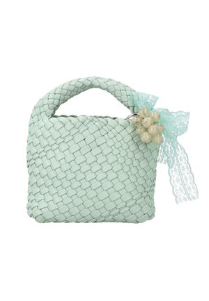 Kleine muntgroene geweven handtas met een dikke handgreep, versierd met een kanten strik en een cluster van doorzichtige kralen aan de zijkant.