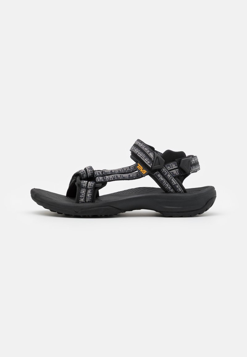 Black outdoor sandals with textured straps in a gray pattern, adjustable buckle closure, and a durable rubber sole for traction.