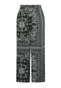 Zwarte wijde broek met witte paisley- en bloemenpatronen, met een losse pasvorm en een elastische tailleband voor comfort.