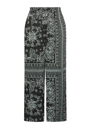 Schwarze weite Hosen mit weißen Paisley- und Blumenmustern, die eine lockere Passform und einen elastischen Bund für Komfort bieten.