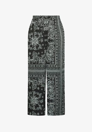 Pantalones anchos negros con patrones de paisley y flores en blanco, que presentan un ajuste holgado y una cinturilla elástica para mayor comodidad.