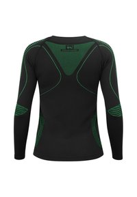 Black long-sleeve shirt with green striped accents. Designed with ergonomic seams and textured patterns along the shoulders and sides.