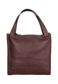 Leren totebag in donker bordeauxrood, met een getextureerde afwerking, vierkante vorm en twee stevige handvatten. Eenvoudig ontwerp met minimale details.