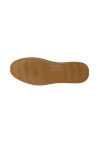 Sole in gomma marrone con scanalature testurizzate orizzontali e diagonali; presenta un logo sottile al centro e un design con bordi curvi.