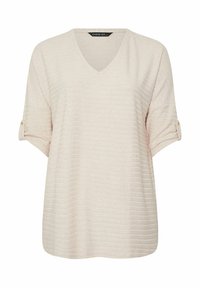 Lichtbeige V-hals top met textuurstrepen, opgerolde mouwen vastgezet met een gouden knop en een relaxte fit. Zachte stof met een gladde afwerking.