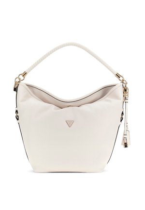 Borsa a tracolla in morbida pelle bianca con un unico manico avvolto, accessori in oro e logo triangolare Guess al centro anteriore.