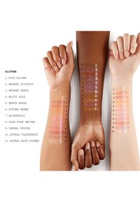 Tre braccia mostrano campioni di cosmetici glitterati. I campioni includono diverse tonalità come oro, bronzo e rosa in varie texture.