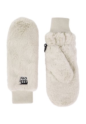 Faux fur mittens in light gray with ribbed knit cuffs. Features a logo patch and a thumb slot for additional warmth and mobility.