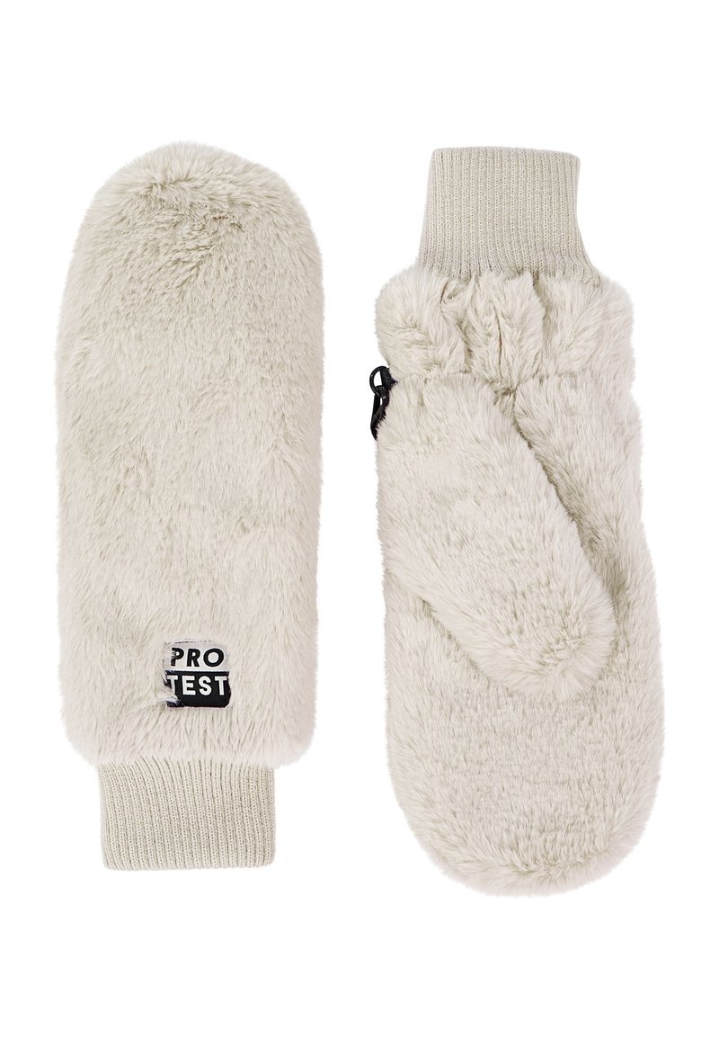 Faux-Fur-Handschuhe in Hellgrau mit gerippten Strickbündchen. Ausgestattet mit einem Logo-Patch und einem Daumenloch für zusätzliche Wärme und Beweglichkeit.