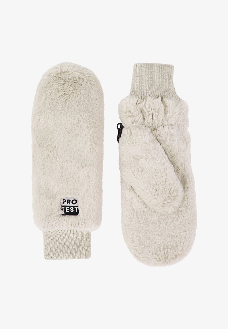 Faux-Fur-Handschuhe in Hellgrau mit gerippten Strickbündchen. Ausgestattet mit einem Logo-Patch und einem Daumenloch für zusätzliche Wärme und Beweglichkeit.